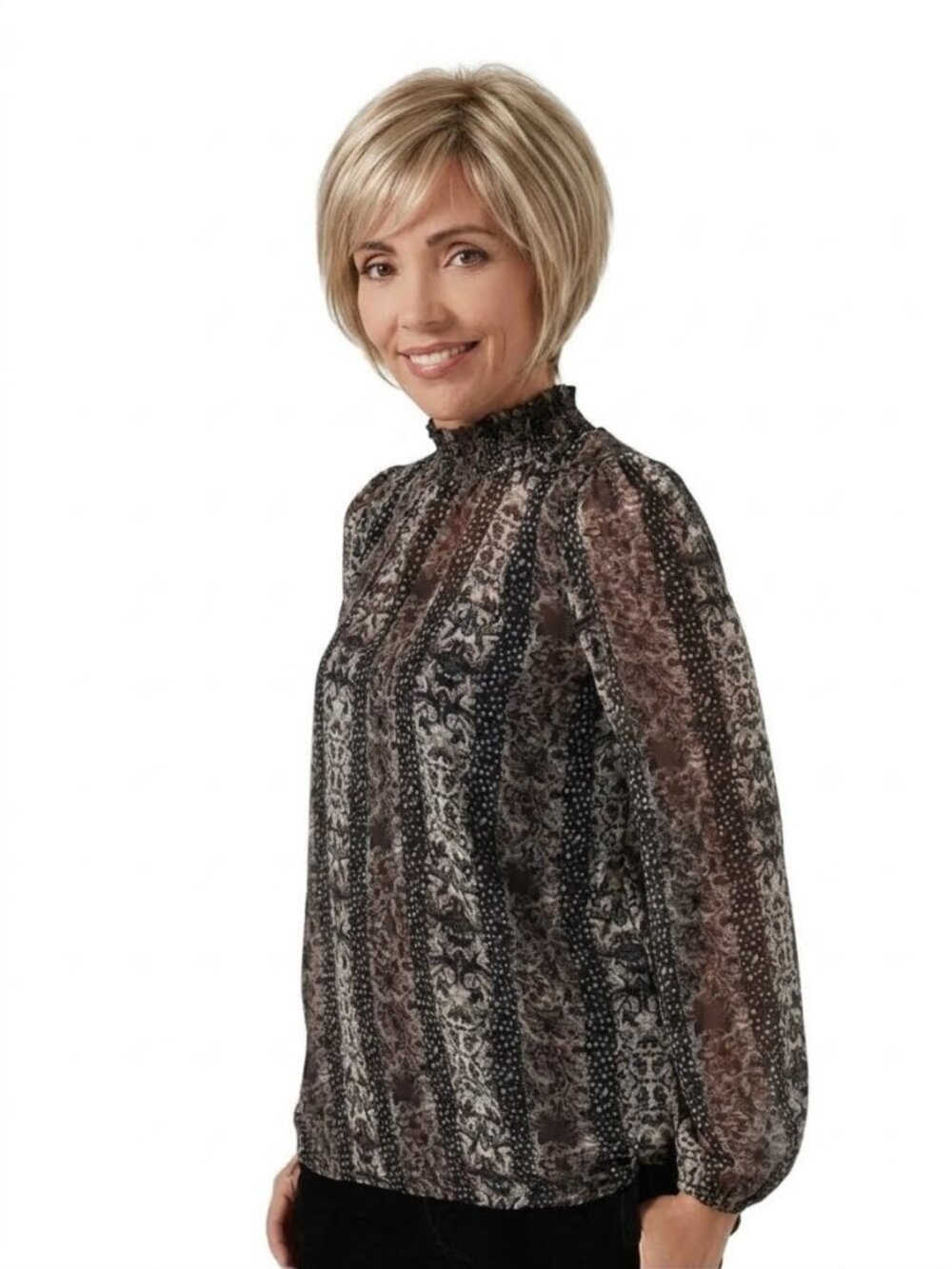 Susan Graver 1X Printed Chiffon Smocked Mock Neck Blouse Top Black Tan Stretch